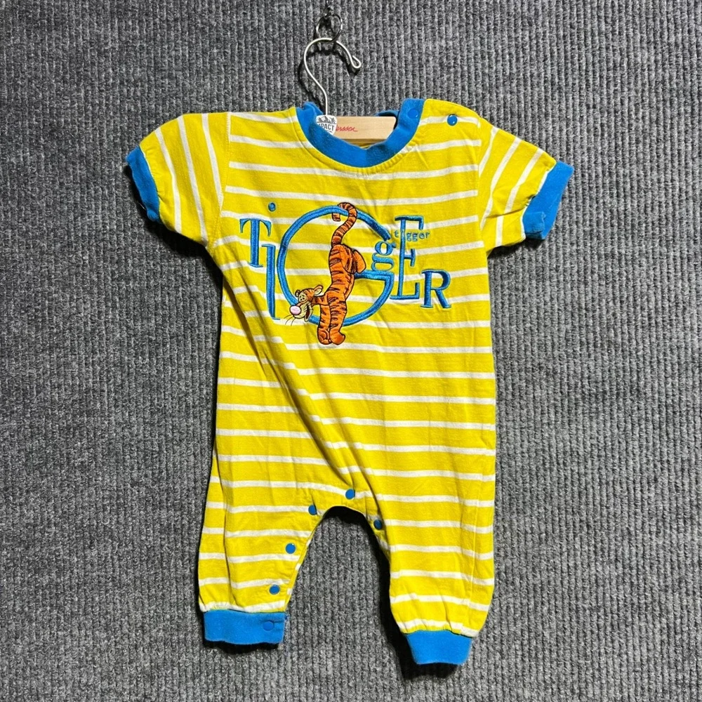 Vintage The Disney Store Tigger Romper Kids 12M Yellow Striped Embroidered Snaps